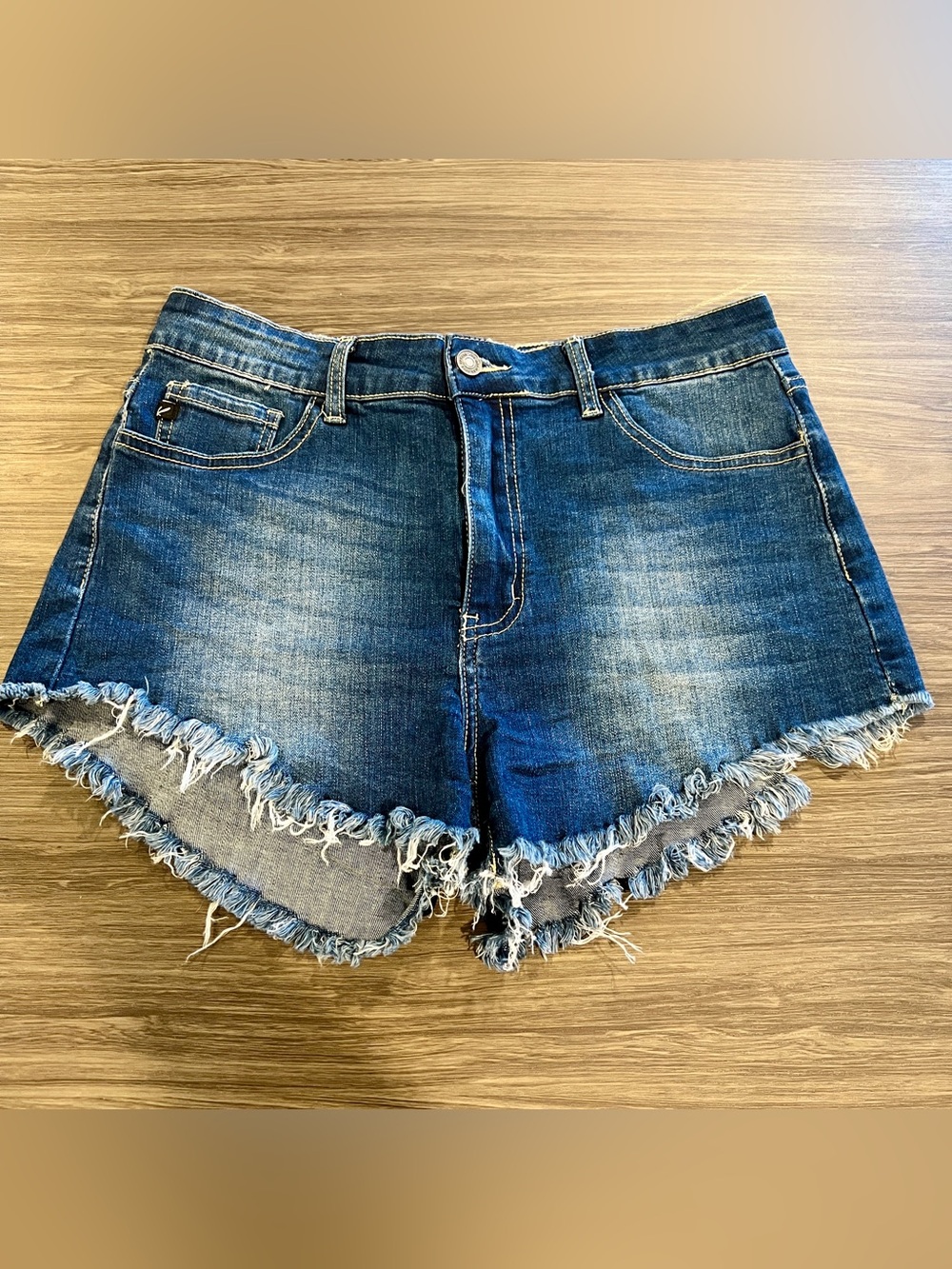 KanCan Dark Wash Denim Raw Fringe Hem High Rise Shorts